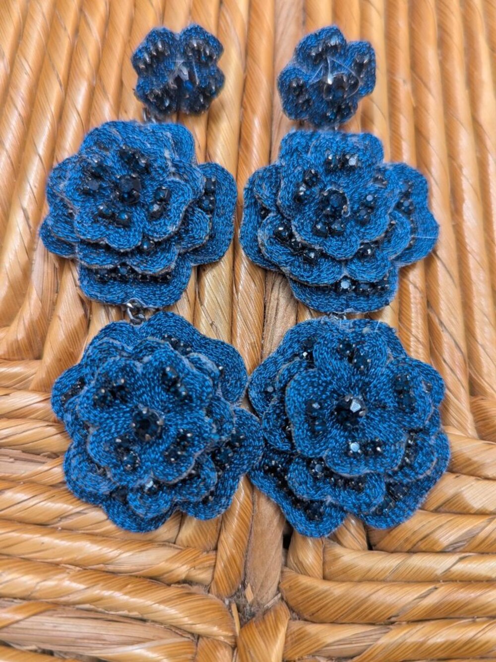 Blue Tiered Floral Sparkly Earrings